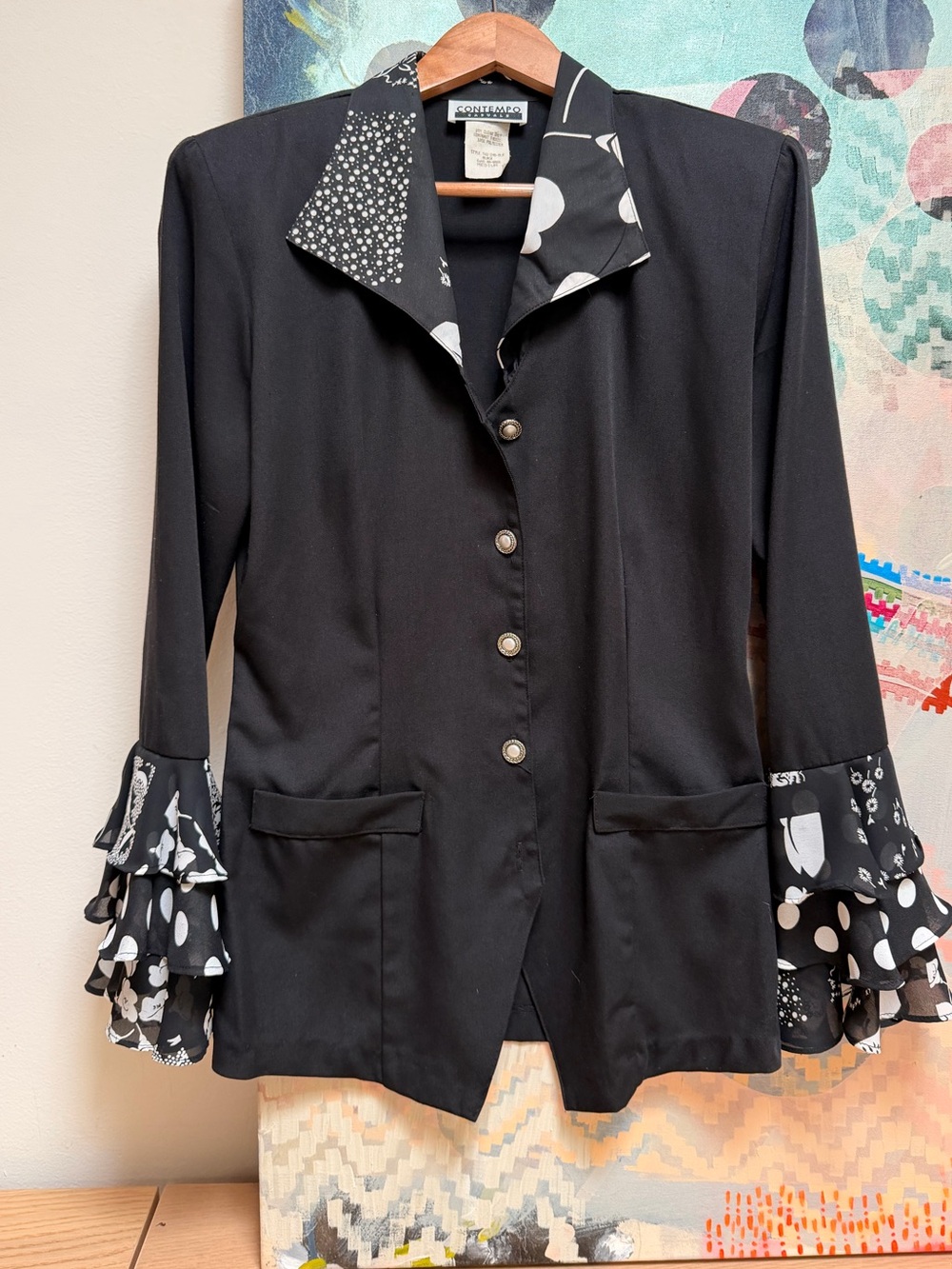 1990s Vintage Contempo Casuals Black and White Bell Sleeve Dramatic Jacket